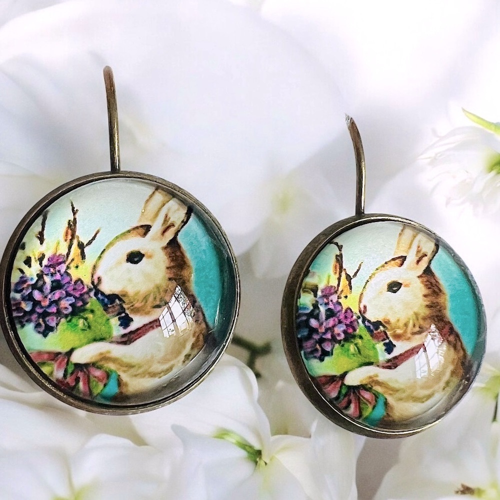 Glass picture bubble earrings Bunny eating flowers lever back